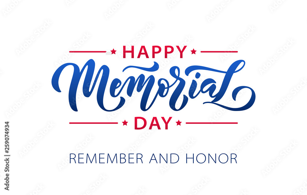 Memorial Day. Remember and honor. Vector illustration Hand drawn text lettering with stars for Memorial Day in USA. Script. Calligraphic design for print greetings card, sale banner, poster. Colorful
