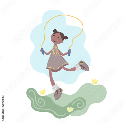 Smiling girl jumping rope. Active outdoor games. Happy childhood.