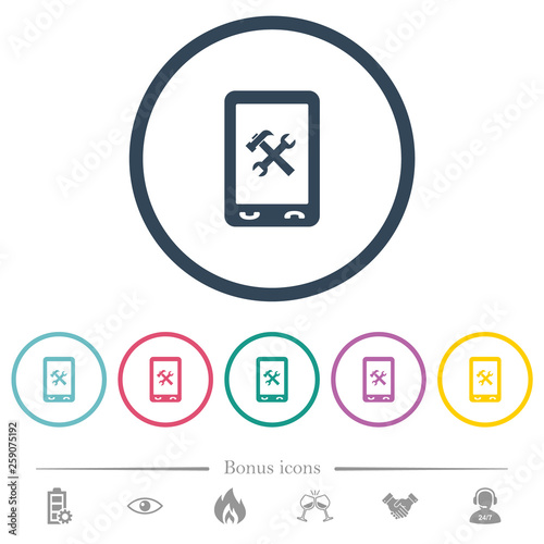 Mobile maintenance flat color icons in round outlines