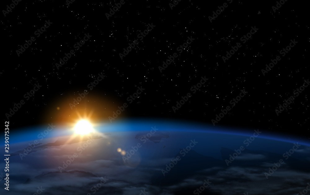 Earth horizon in blue for science and technology concept with sunrise and copy space.  Technological civilization for space exploration.