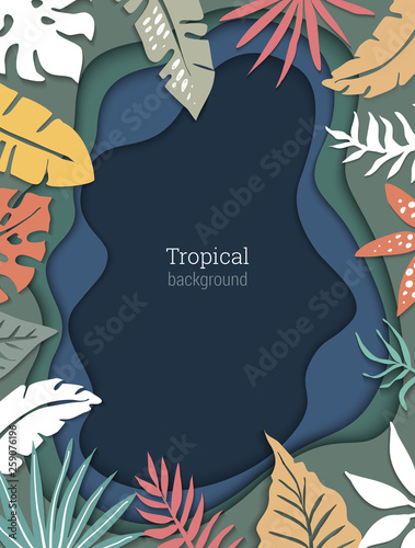 Beautiful vector background with tropical leaves and imitation of multilayer cut paper