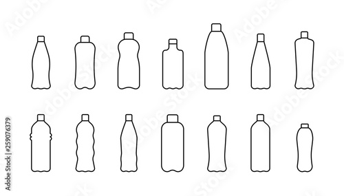 Vector illustation set with isolated icons of plactic and glass bottles. Separate garbage collection. Black line silhouette.