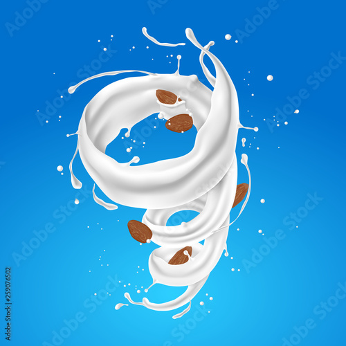 Abstract milk spiral and twisted with almonds on blue background.