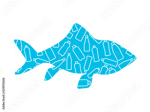 Vector illustation with isolated white outline icons of plactic bottles in the World ocean framed by fish silhouette. Plastic pollution.