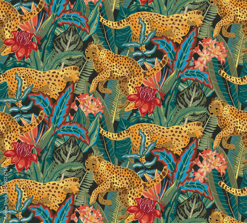 Vestor seamless pattern with jaguars, tropical leaves and flowers. © Andrei