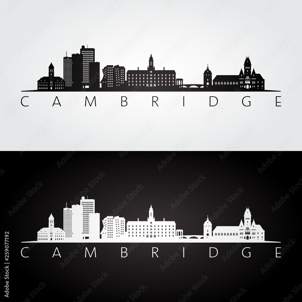 Cambridge, Massachusetts skyline and landmarks silhouette, black and white design, vector illustration.