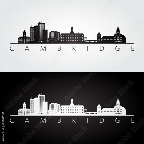 Cambridge, Massachusetts skyline and landmarks silhouette, black and white design, vector illustration. photo