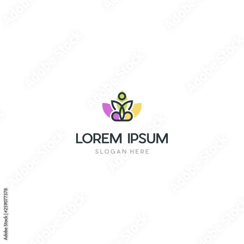 yoga logo design stock. human meditation in lotus flower vector illustration, Human Yoga With Lotus Logo Design Template.
