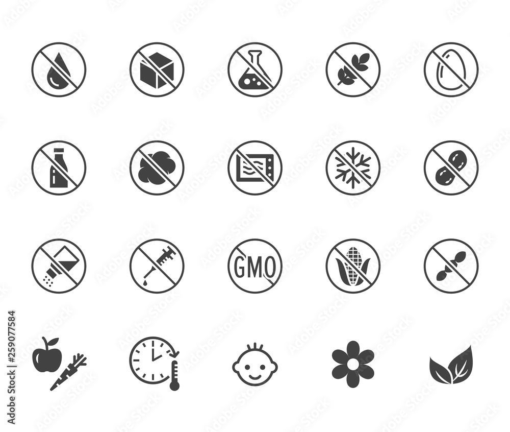 Natural food flat glyph icons set. Sugar, gluten free, no trans fats, salt, egg, nuts, vegan vector illustrations. Signs for packaging, expiration date. Solid silhouette pixel perfect 64x64