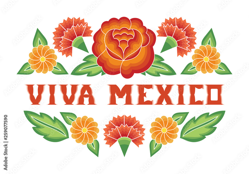 Viva Mexico illustration vector. Floral background with traditional flowers  pattern from floral mexican embroidery ornament for party banner, flyer,  poster, cover, tourist card design. vector de Stock | Adobe Stock