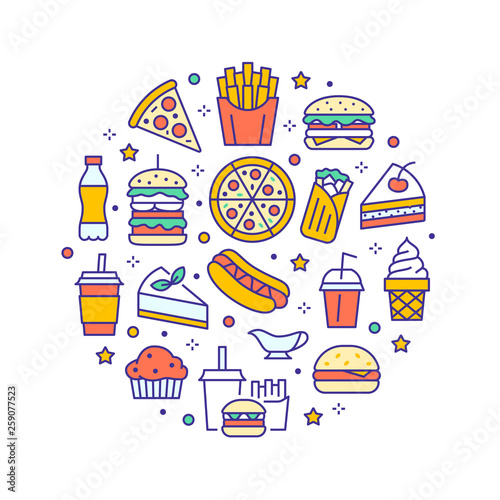 Fast food circle illustration with flat line icons. Thin vector signs for restaurant menu poster - burger, french fries, soda, pizza, hot dog, cheesecake, coffee, ice cream. Junk food colored concept