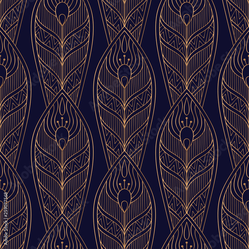 Peacock feathers royal pattern seamless. Luxury background vector. Golden design for wallpaper, birthday gift wrapping paper, beauty spa salon, indian wedding party, holiday christmas card.