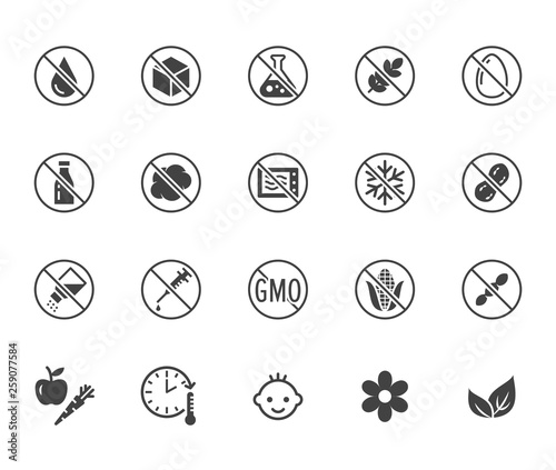 Natural food flat glyph icons set. Sugar, gluten free, no trans fats, salt, egg, nuts, vegan vector illustrations. Signs for packaging, expiration date. Solid silhouette pixel perfect 64x64