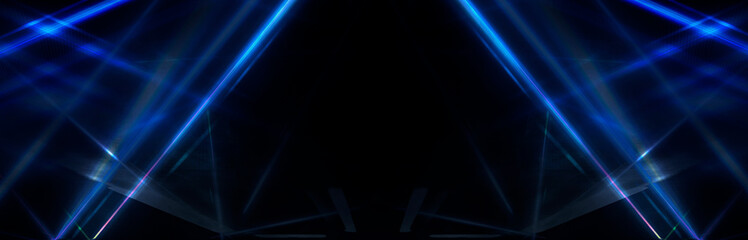 Tunnel in blue neon light, underground passage. Abstract blue background. Background of an empty black corridor with neon blue light. Abstract background with lines and glow, rays and symmetrical refl