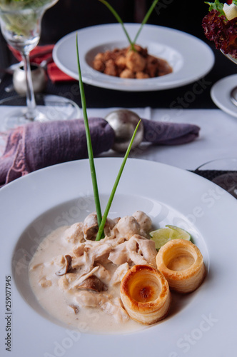 Chicken breast with creamy white wine mushroom sauce and puff pastry