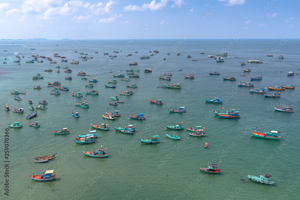 Seascape with fishing boats. View from above.