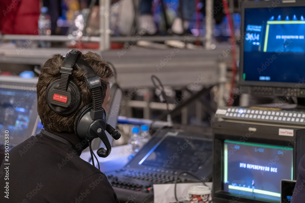 Video broadcast operator workis at business conference Video broadcast operator workis at business conference