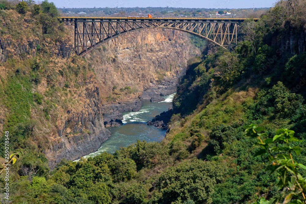 Bridge over the Zambezi River. The border between Zambia and Zimbabwe. Victoria Falls. Africa. Zambiya. Zimbabwe.