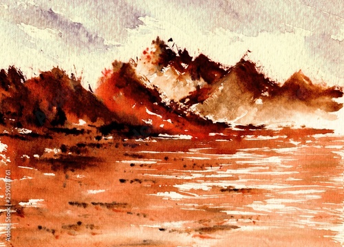 original watercolor painting - red mountains