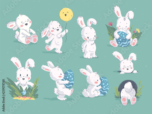 Vector collection of hand drawn cute little rabbit character with air balloon, hole, easter egg, floral decorative element on green backdrop. For Happy Easter congratulation, holiday card, tag, print.