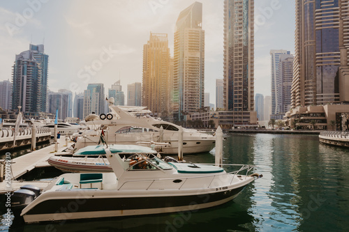 January 02, 2019 . Panoramic view with modern skyscrapers and water pier of Dubai Marina , United Arab Emirates