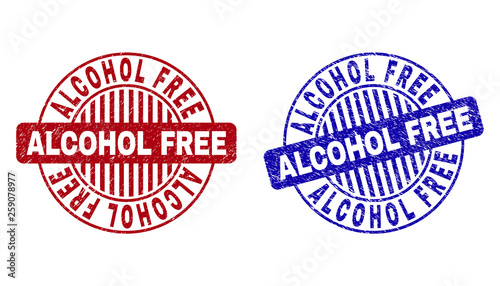 Grunge ALCOHOL FREE round stamp seals isolated on a white background. Round seals with grunge texture in red and blue colors.