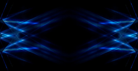 Tunnel in blue neon light, underground passage. Abstract blue background. Background of an empty black corridor with neon blue light. Abstract background with lines and glow, rays and symmetrical refl