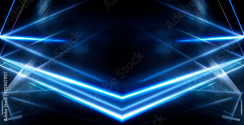 Tunnel in blue neon light, underground passage. Abstract blue background. Background of an empty black corridor with neon blue light. Abstract background with lines and glow, rays and symmetrical refl