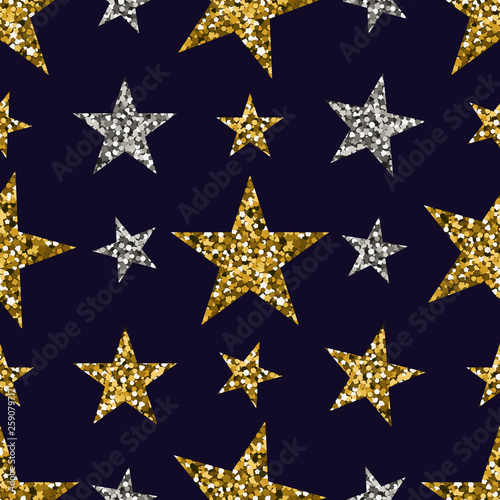 Gold and silver stars on blue background.