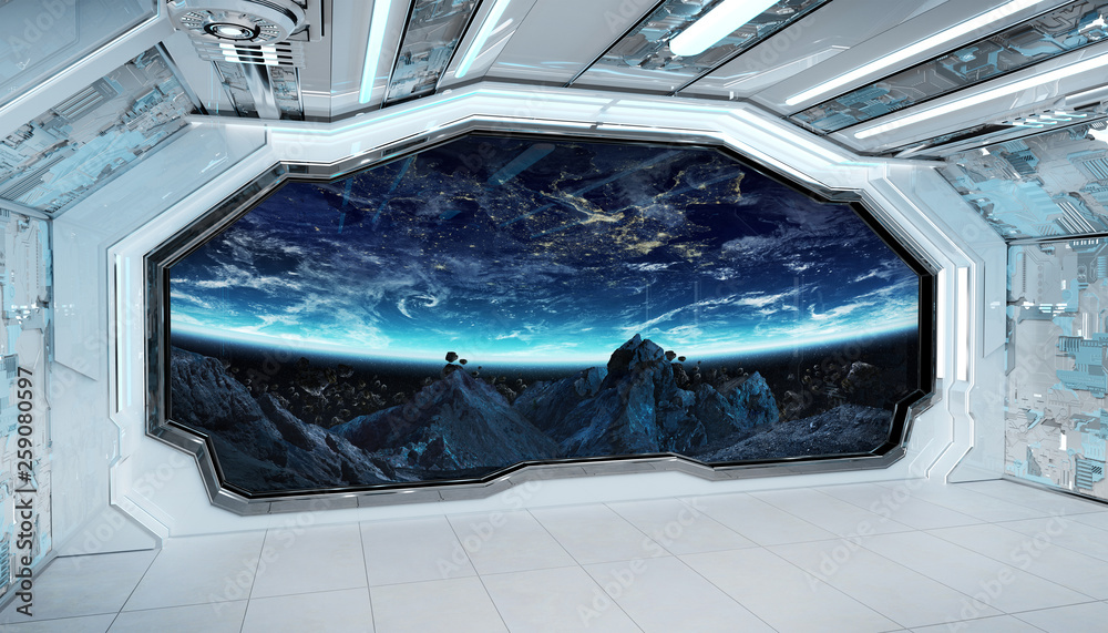 Obraz premium White blue spaceship futuristic interior with window view on planet Earth 3d rendering
