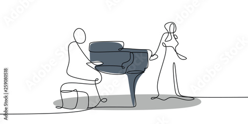 continuous line drawing of men playing piano music instruments and singing women.