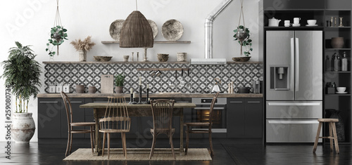 Ethnic kitchen interior, panoramic view, 3d render