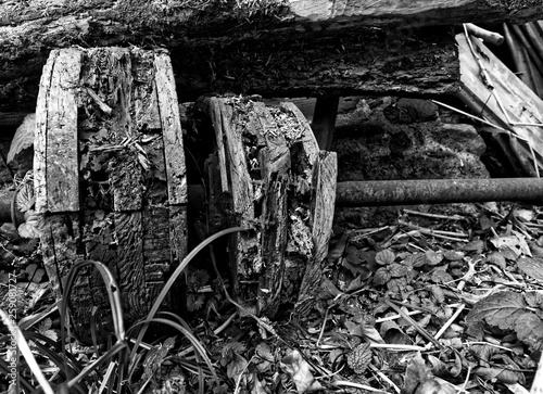 old cottage hut wooden gear black and white