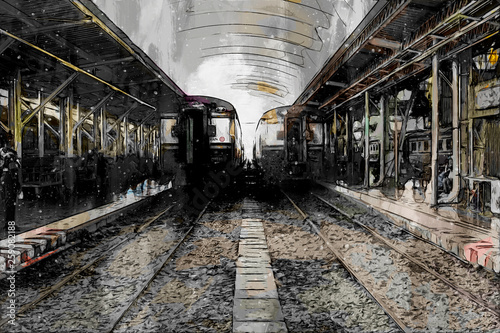 Abstract painting of vintage train, digital painting