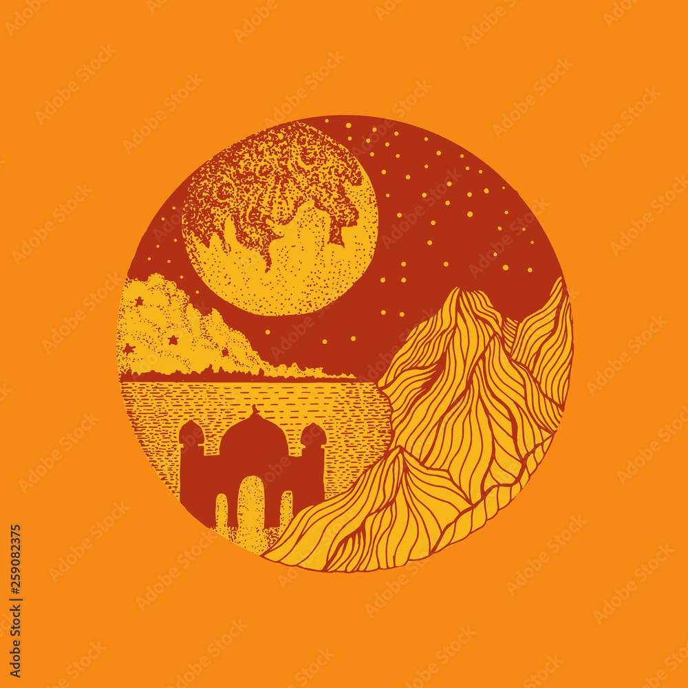 Hand Drawn sketch Illustration of the moon, Mosque and sea for Ramadan Kareem Hand Drawn sketch Illustration of the moon, Mosque and sea for Ramadan Kareem