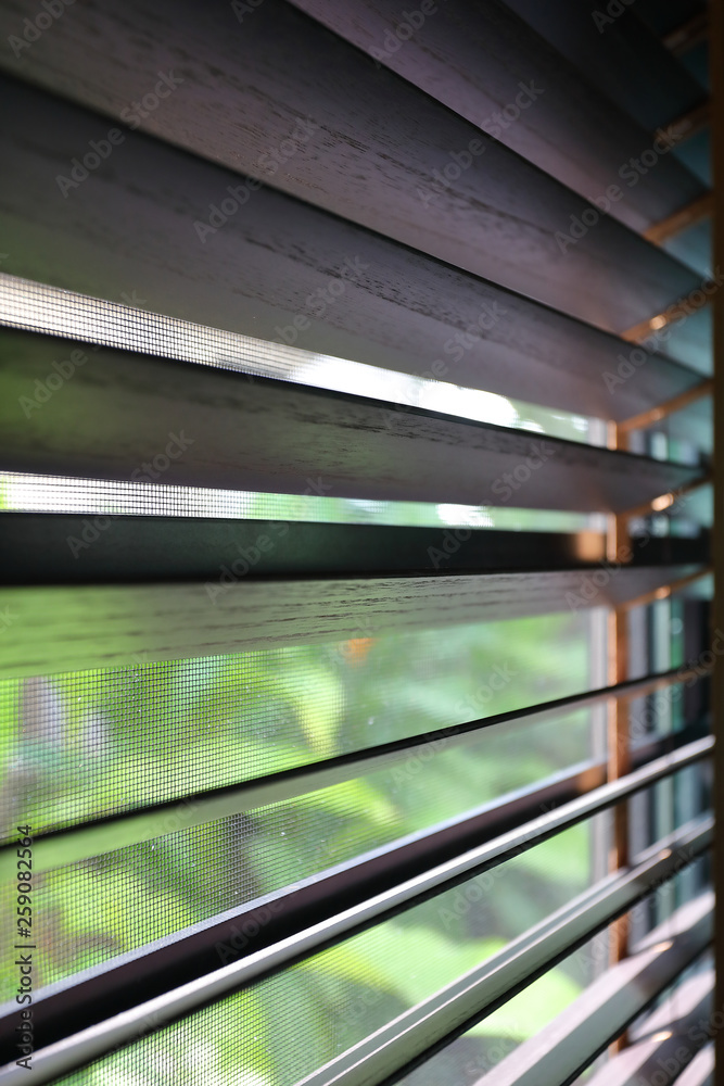 brown blind shade and mosquito wire screen on window, interior design decoration in home office brown blind shade and mosquito wire screen on window, interior design decoration in home office