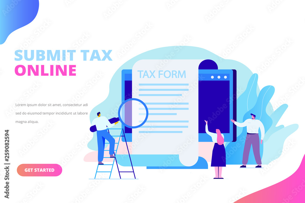  Online tax payment concept. Submit tax online. People filling tax form. Flat vector illustration for web. 