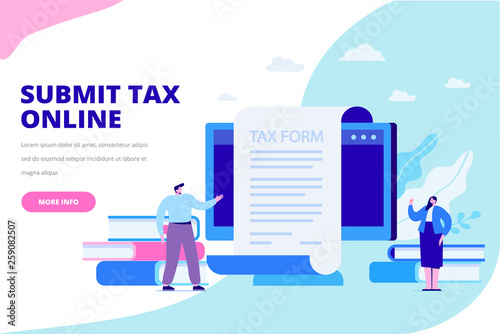  Online tax payment concept. Submit tax online. People filling tax form. Flat vector illustration for web. 