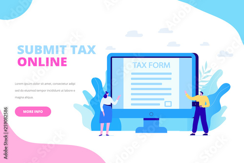  Online tax payment concept. Submit tax online. People filling tax form. Flat vector illustration for web. 