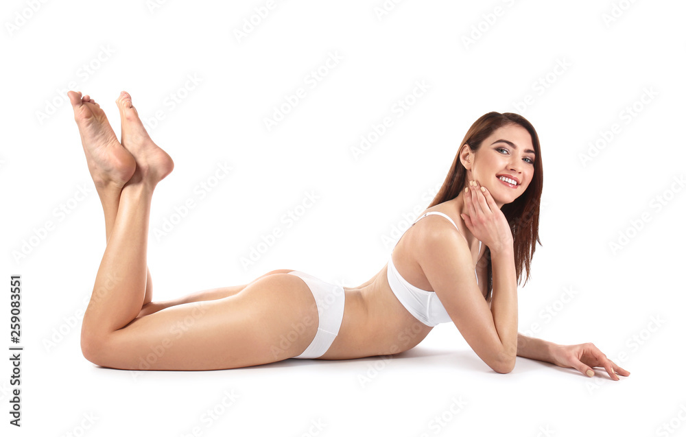 Beautiful young woman in underwear on white background Beautiful young woman in underwear on white background