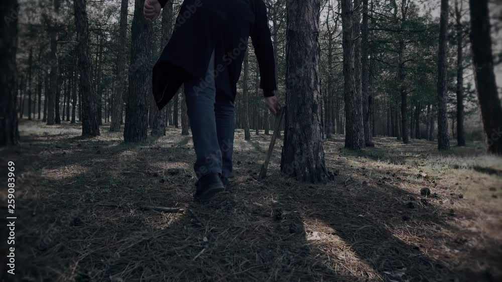 Crazy man takes axe and looks for victim in forest Crazy man takes axe and looks for victim in forest