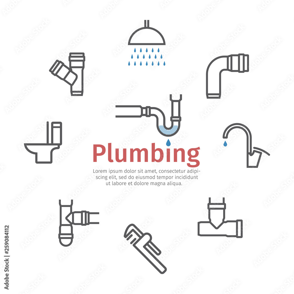 Plumbing banner, water pipes, sewerage line icon set. Vector illustration.