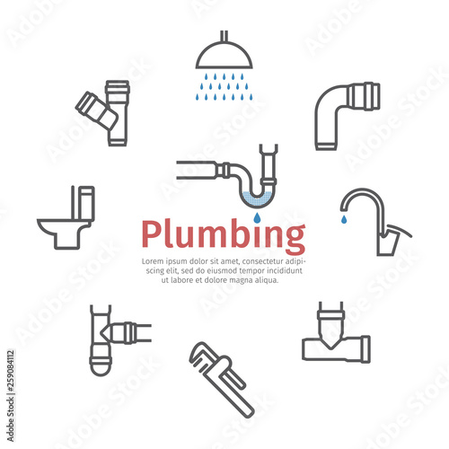 Plumbing banner, water pipes, sewerage line icon set. Vector illustration.