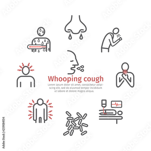 Pertussis banner. Whooping cough, Symptoms, Treatment. Line icons set. Vector infographics.