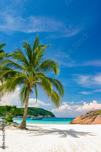 Beautiful tropical beach with pur white and blue sky and nobody or crowded tourist to fight for an inch of sun light