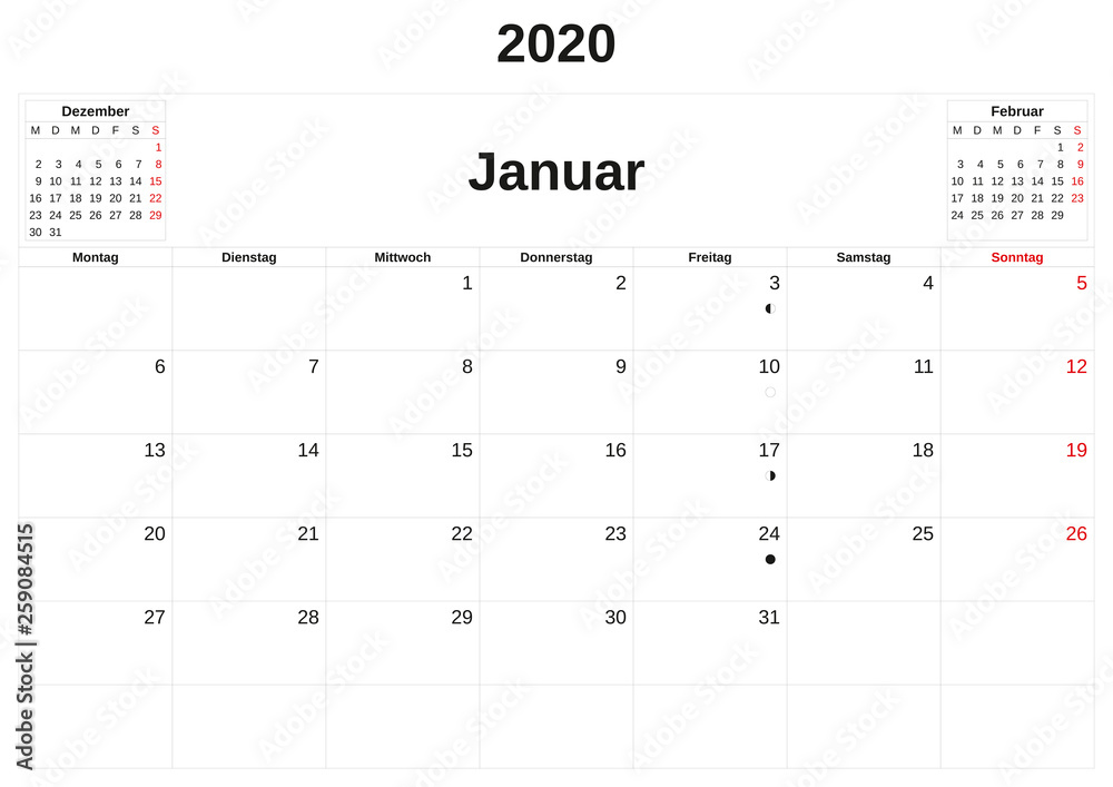 2020 a monthly calendar with white background in German. 2020 a monthly calendar with white background in German.