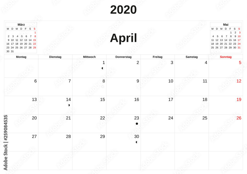 2020 a monthly calendar with white background in German. 2020 a monthly calendar with white background in German.