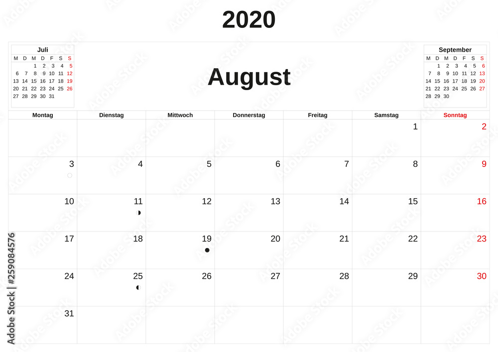 2020 a monthly calendar with white background in German. 2020 a monthly calendar with white background in German.