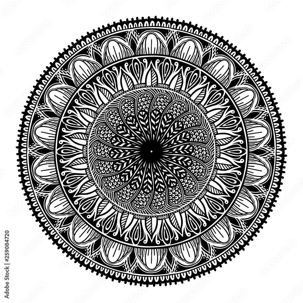 Round black mandala on white isolated white background. Vector boho drawing element. Ethnic symbol.