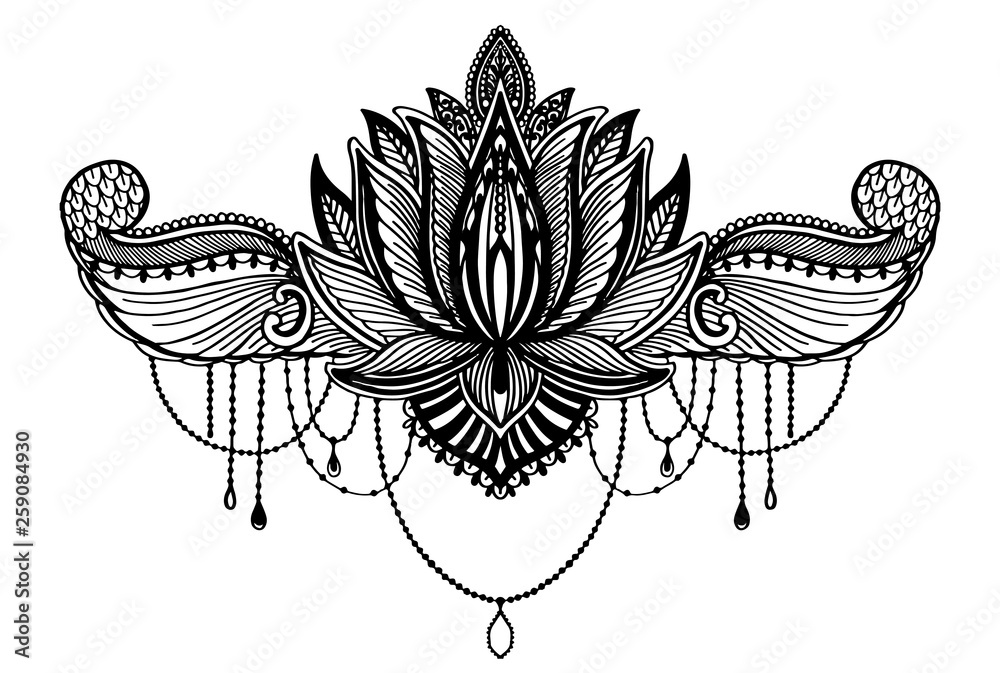 Naklejka premium Lotus flower ethnic symbol. Black color in white background.Tattoo design motif, decoration element. Sign Asian spirituality,norvana and innocence.